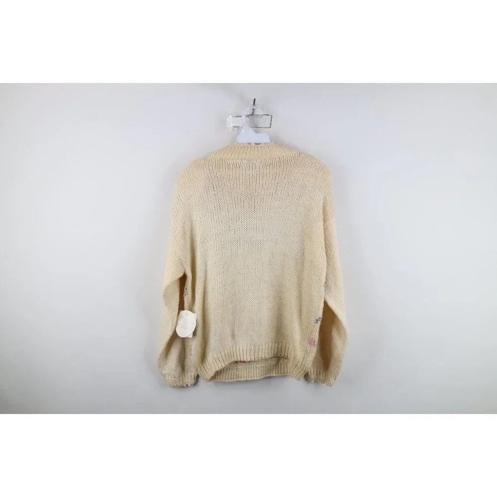 Deadstock Vintage 90s Streetwear Womens Medium Hand Knit Flower Floral Sweater - Picture 13 of 15